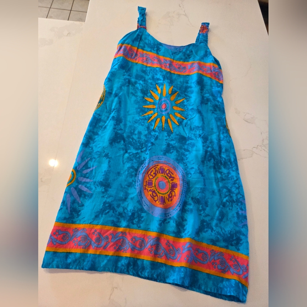 Big Time 100% Rayon Made In Thailand Vibrant Boho Sundial Pattern Sun Dress